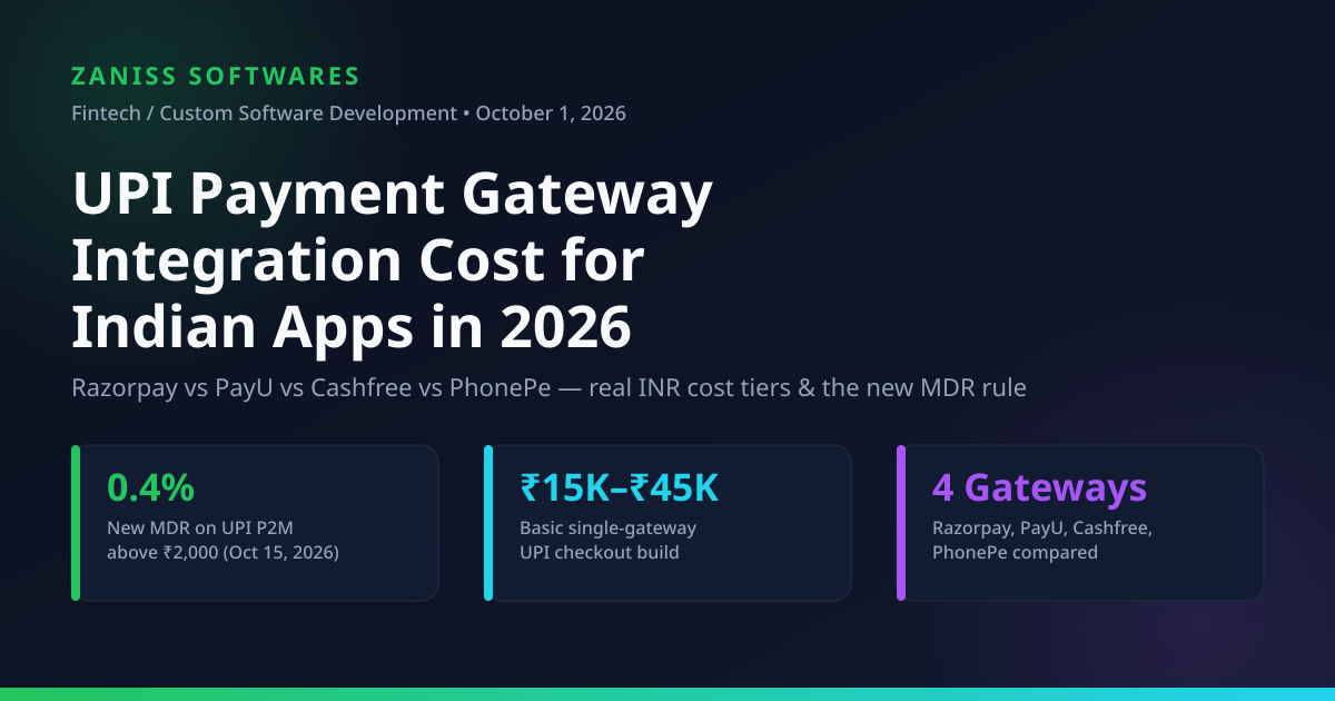 UPI payment gateway integration cost comparison for Indian apps in 2026 — Razorpay, PayU, Cashfree, PhonePe — infographic by ZANISS SOFTWARES