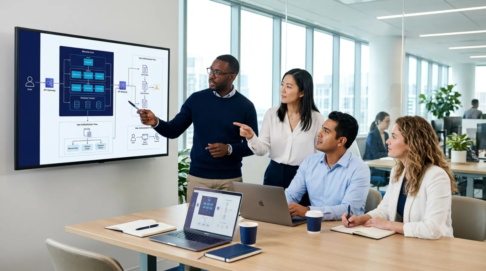 A diverse tech team reviewing software architecture diagrams on a large screen in a modern office